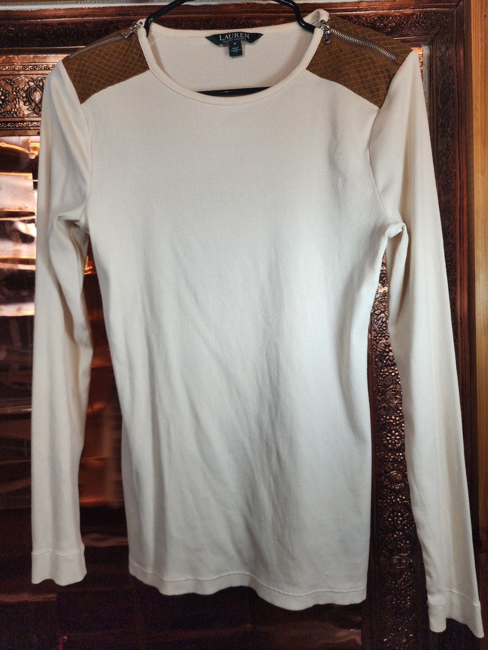 Lauren Ralph Lauren Cream Long Sleeve Top with Brown Shoulder Detail